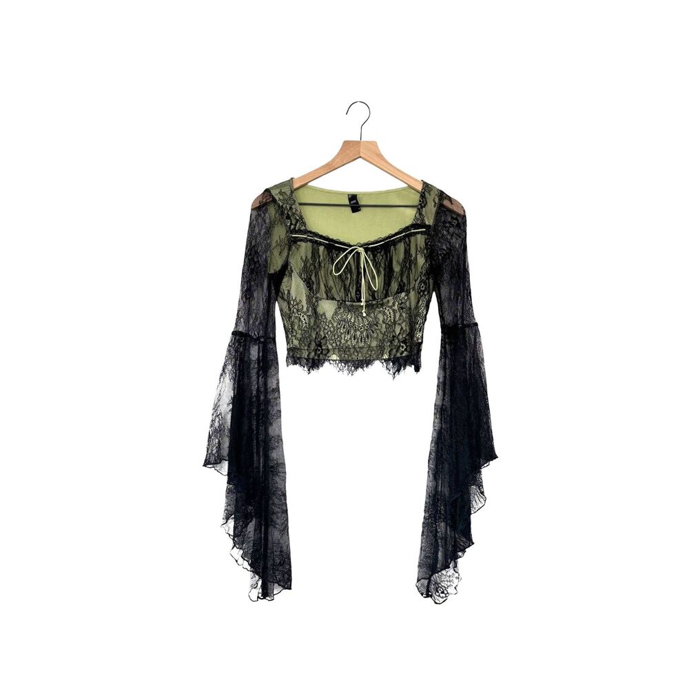 Cider Whimsygoth Bell Sleeve Black Lace Green Lined Long Sleeve Babydoll Top S